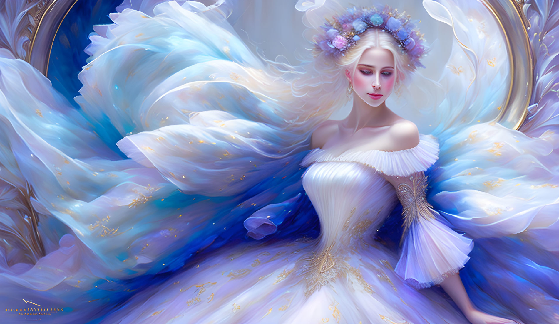 Illustration of woman with ethereal wings in blue and white dress with gold accents