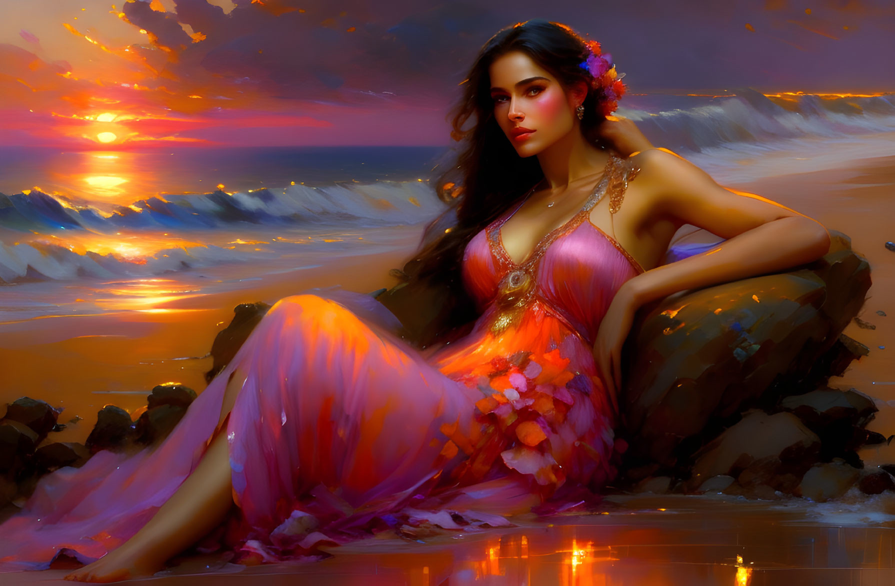 Woman in flowing dress by the sea at sunset with vibrant colors