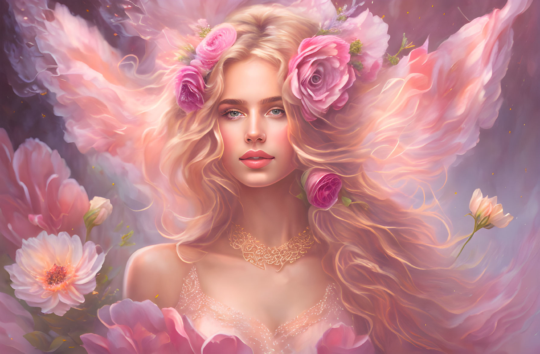 Blonde woman portrait with blue eyes and pink flowers on floral background