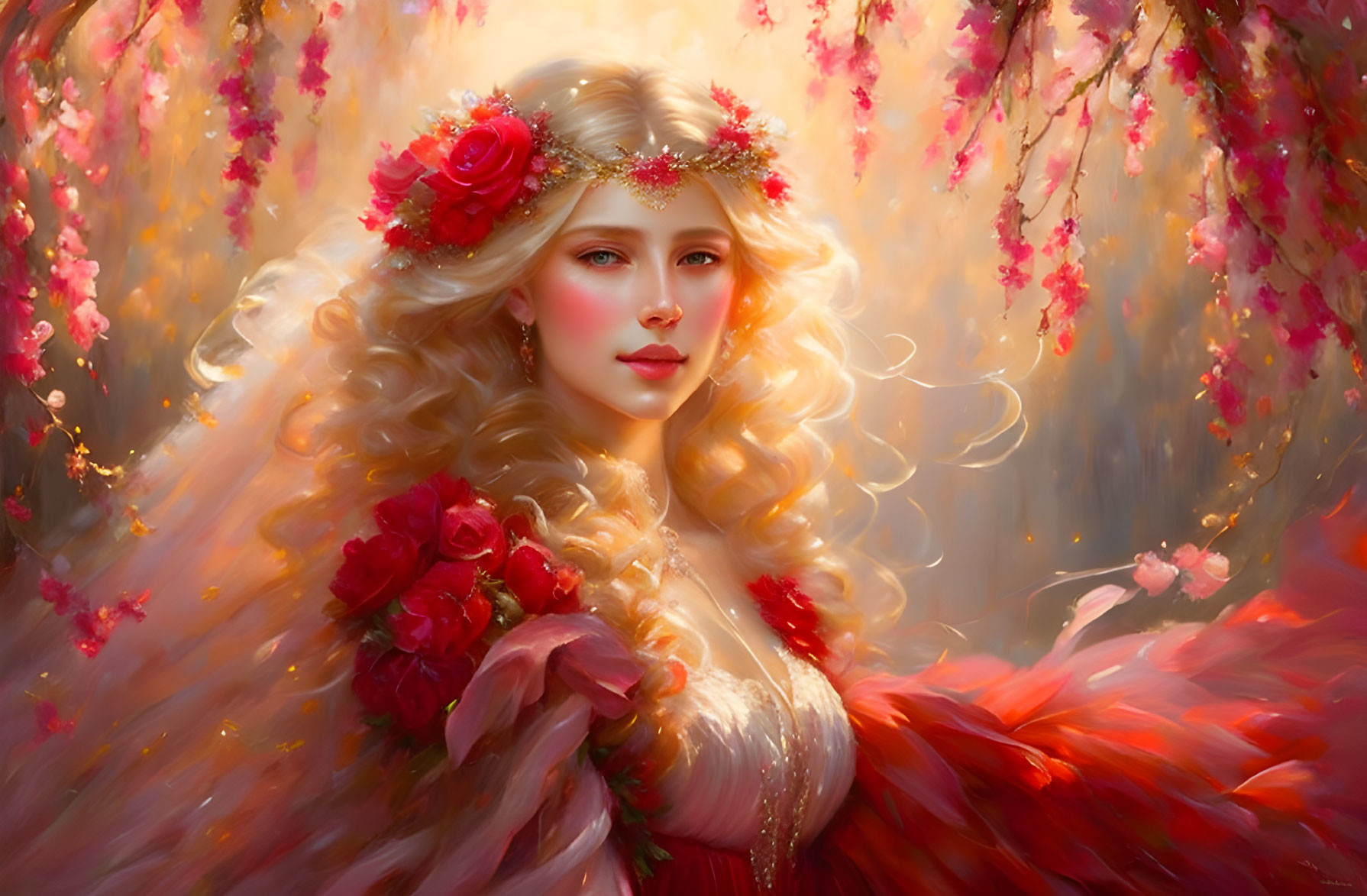 Ethereal woman in floral headpiece and red gown among pink flowers