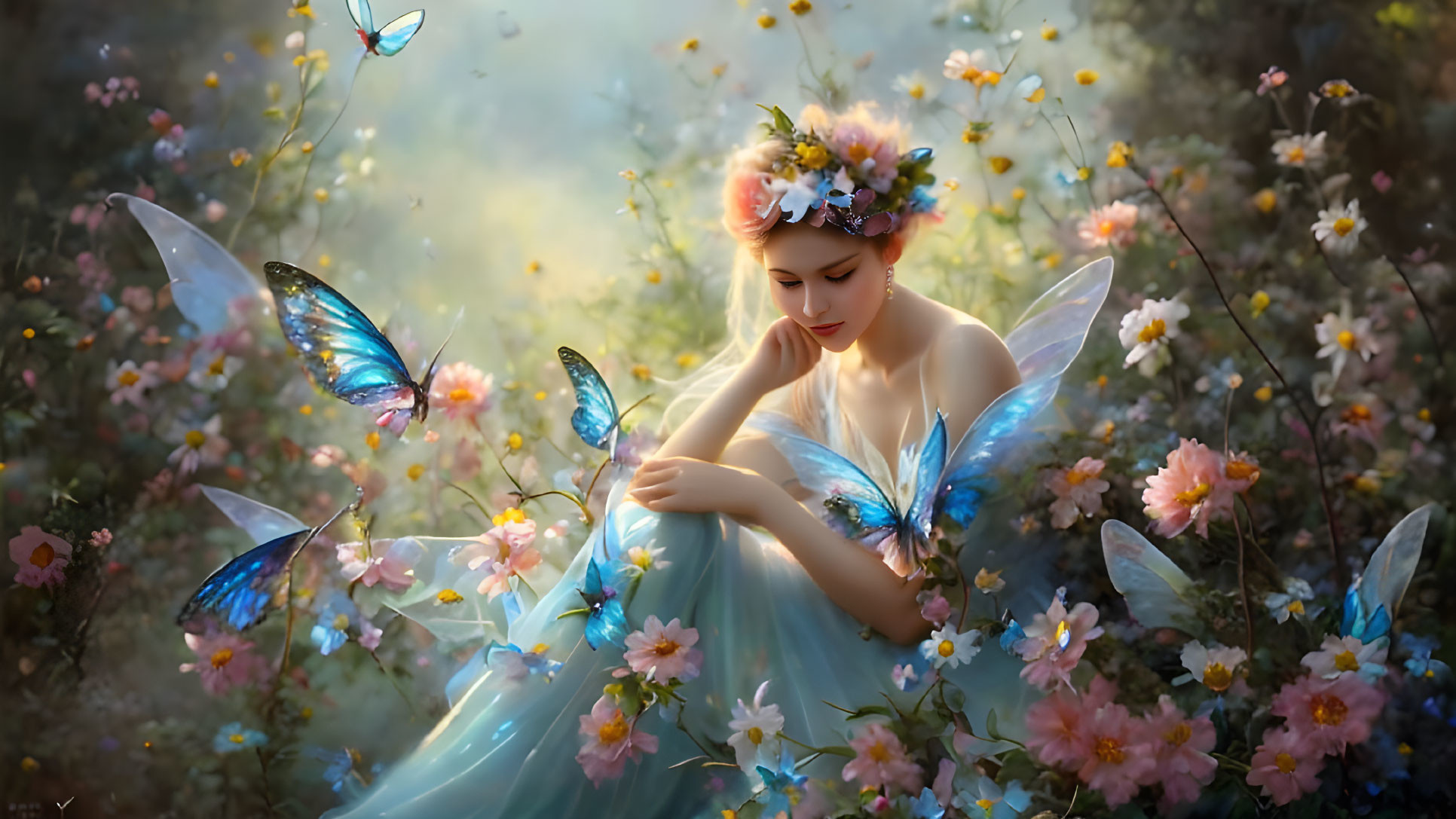 Serene fairy with flower crown in blooming garden