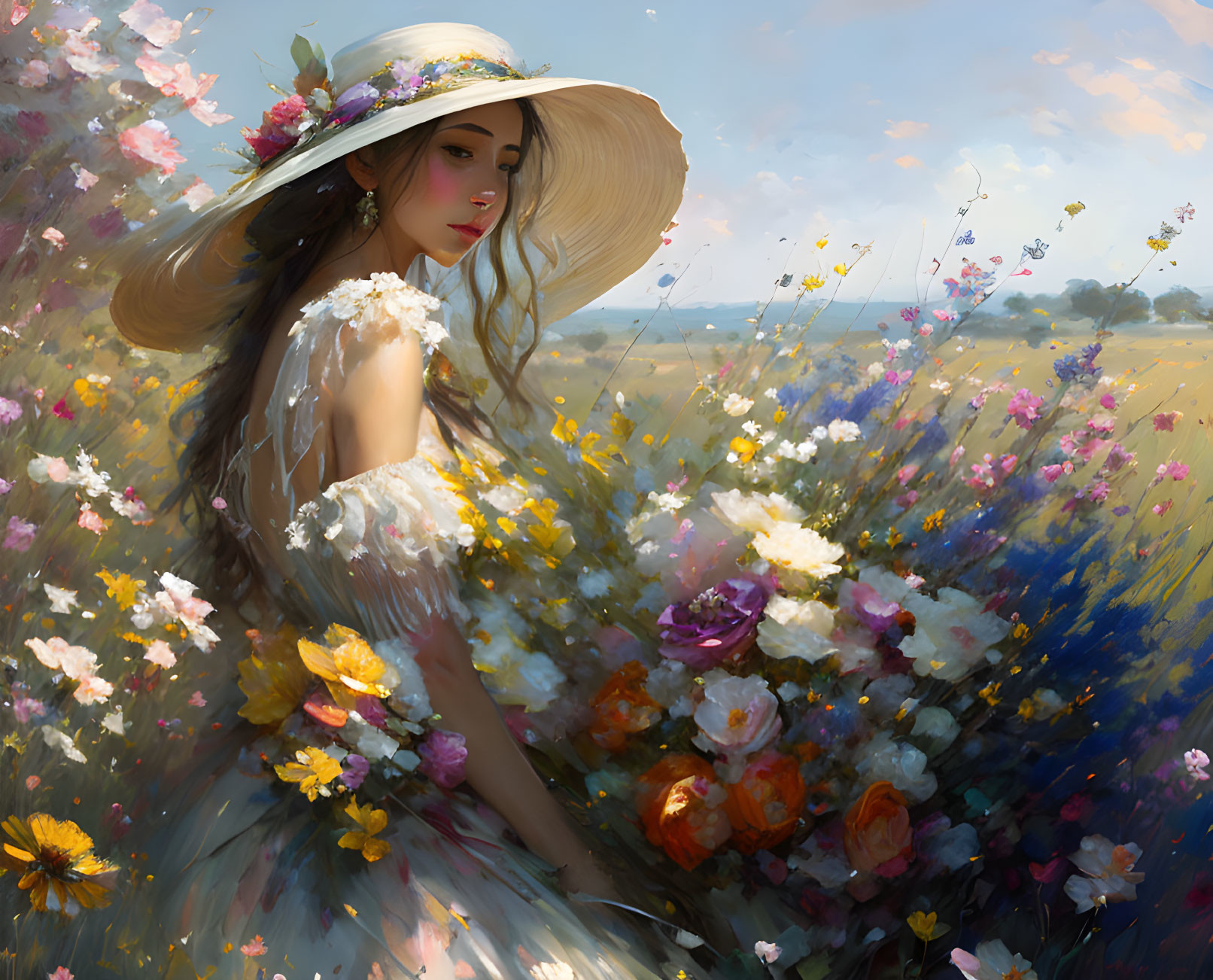 Woman in white dress and flower hat in vibrant meadow