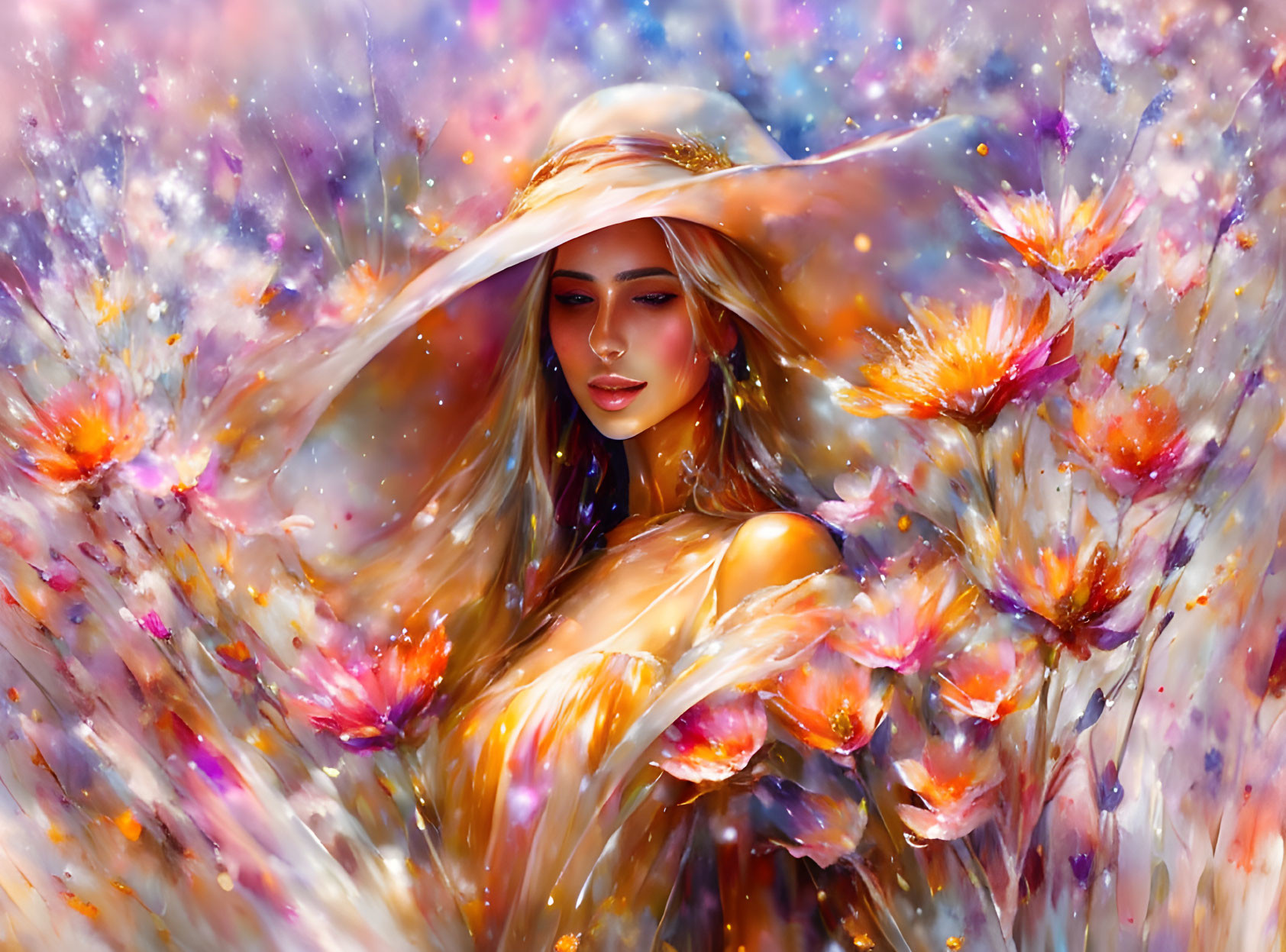 Woman in wide-brimmed hat surrounded by vibrant flowers and dreamy background