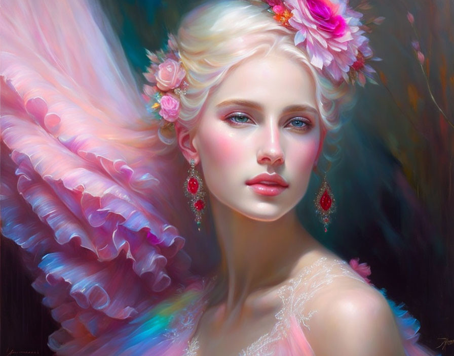 Ethereal woman with pale skin, pink flowers in hair, blue eyes, and pink butterfly wings