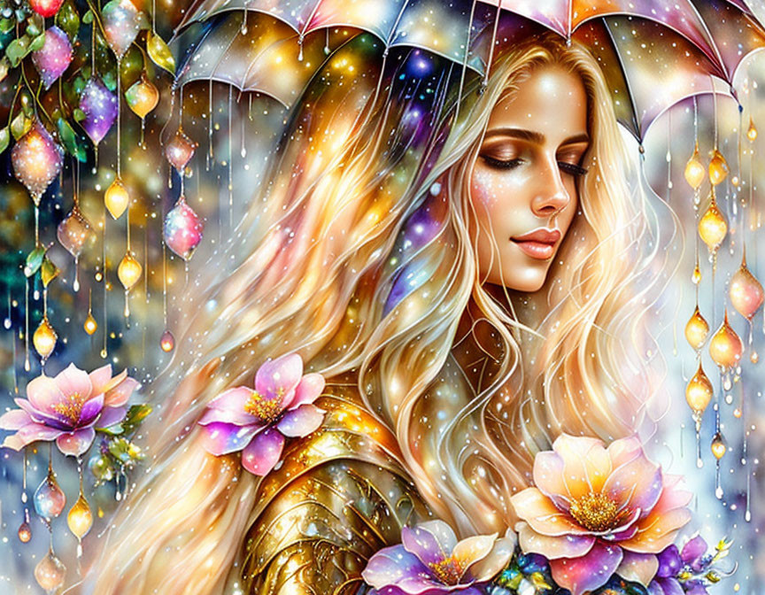 Colorful digital art: Woman with golden hair surrounded by umbrellas, rain, and flowers