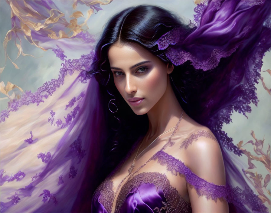 Digital Artwork: Dark-Haired Woman in Purple Attire