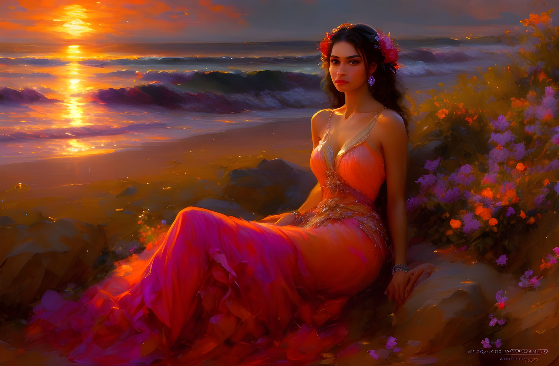 Woman in Orange Dress by Sea at Sunset with Flowers