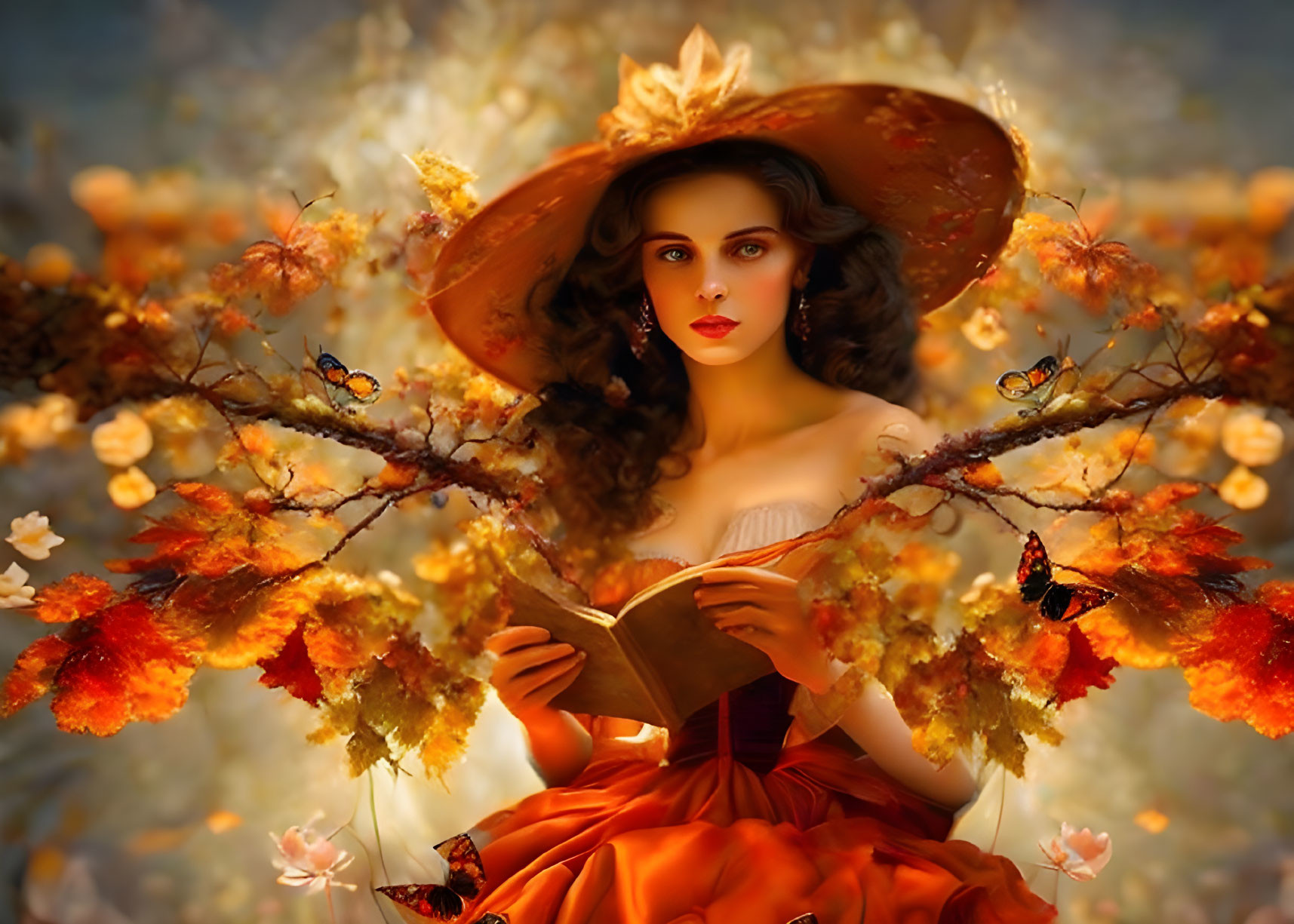 Woman in autumn outfit reading book surrounded by golden leaves and butterflies