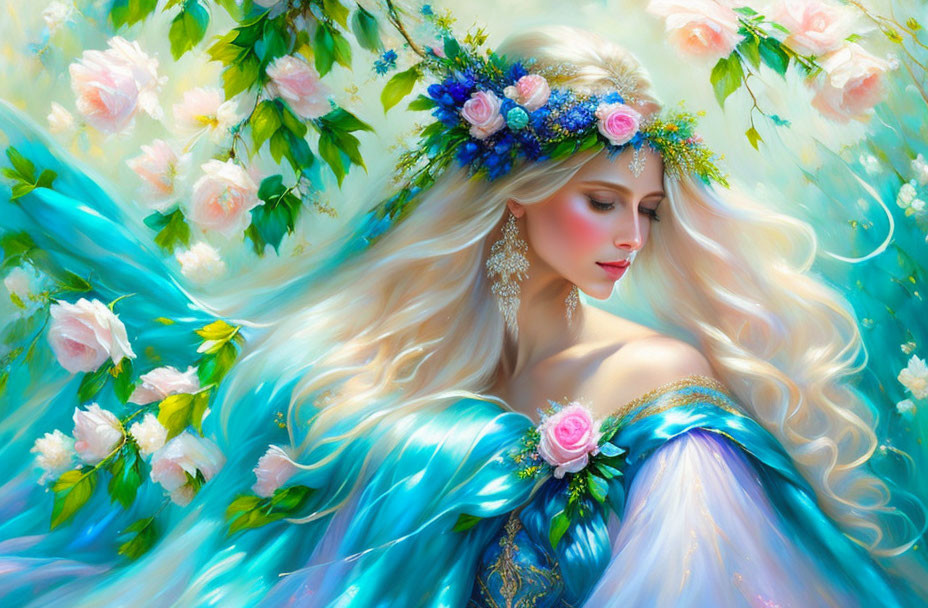 Blonde woman with blue floral garland in fantasy portrait