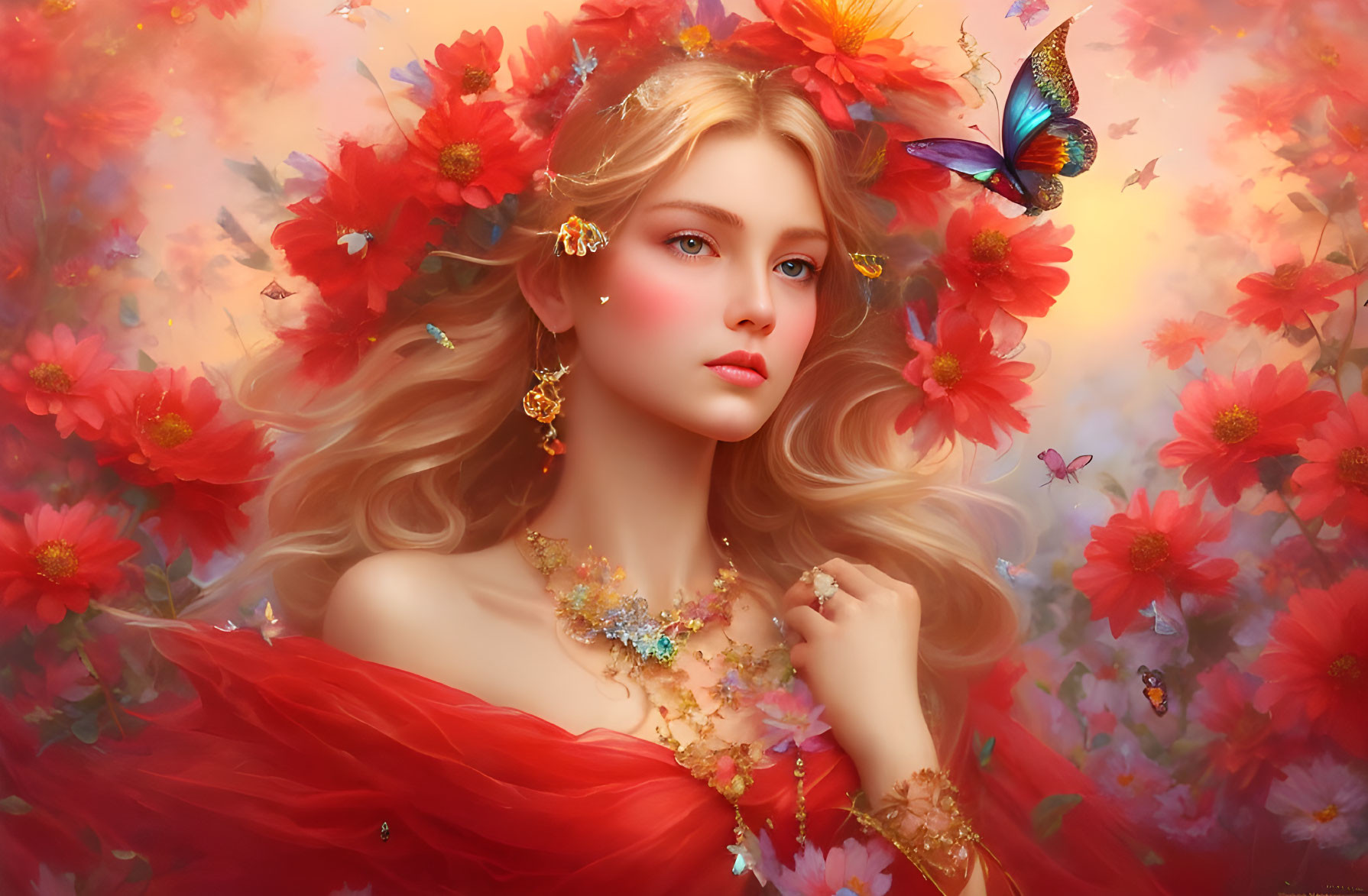 Blond woman with red flowers and butterflies in red dress and jewelry against floral backdrop