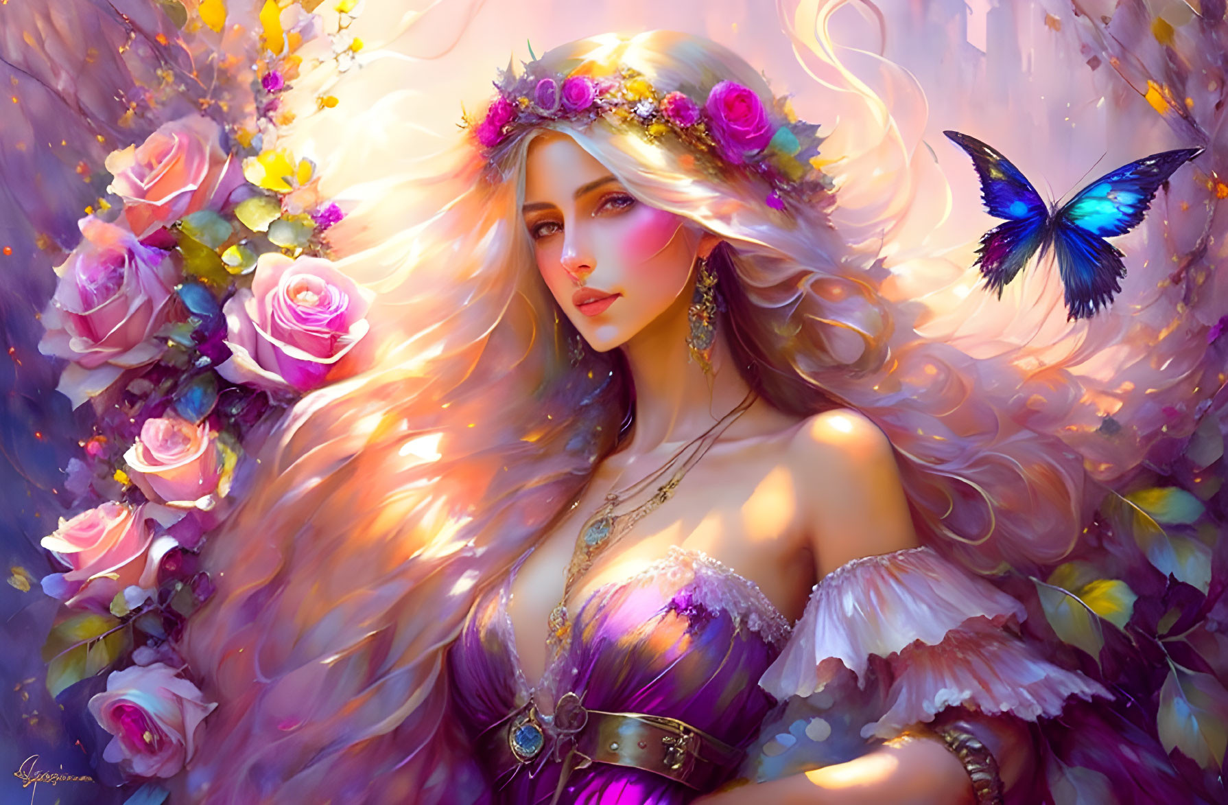 Ethereal woman with floral wreath, roses, and blue butterfly.