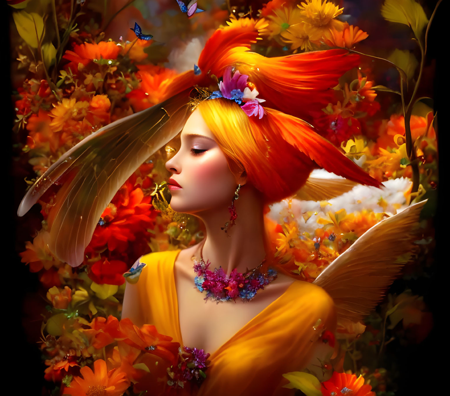 Fantasy illustration of woman with orange hair and butterfly wings among vibrant flowers