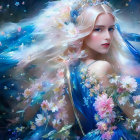 Fantastical image of woman with blue hair and flowers in dreamy floral backdrop