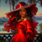 Woman in Red Dress and Hat by Lake at Sunset