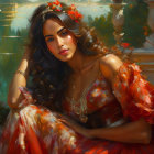 Woman with flowing hair in sunlit setting wearing red-orange dress and floral headpiece.