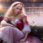 Fantasy artwork: Woman in pink gown surrounded by blooming flowers