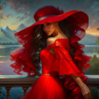 Woman in Red Dress and Hat by Tranquil Lake at Sunset