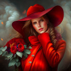 Blonde woman in red hat and coat with roses in misty setting