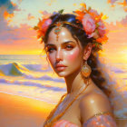 Woman with floral adornments gazes at vibrant ocean sunset