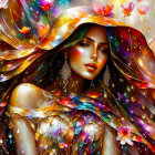 Vibrant woman surrounded by colorful flowers and flowing shapes