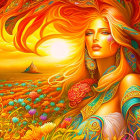 Colorful artwork featuring woman with golden hair and floral headpiece