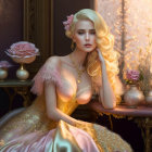 Ethereal woman in pink gown with roses, candlelit table - dreamlike ambiance