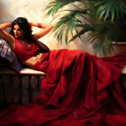 Woman in vibrant red sari reclines on bench among autumn leaves