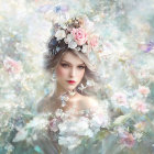 Floral headpiece woman in blooming flower backdrop