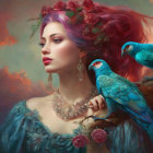 Portrait of woman with purple hair, flowers, blue dress, jewelry, parrot on shoulder, fiery