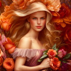 Blond Woman Surrounded by Orange Blossoms and Roses