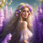 Blonde Woman with Purple Flowers in Lush Garden