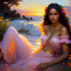 Woman in pink gown with floral crown at beach sunset