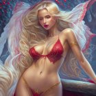 Fantasy Artwork: Woman in Pink Lingerie with Flowing Veil and Blossoming Flowers