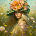 Blond woman in wide-brimmed hat surrounded by flowers
