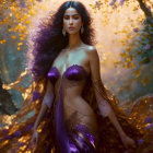 Woman in flowing purple attire in golden-lit forest with blossoming trees