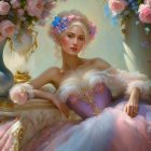 Vintage dress woman reclining among roses and drapery exudes classic beauty