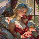 Illustrated woman in red gown reclining on floral cushions by a window