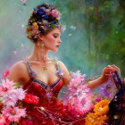 Woman in ornate dress surrounded by vivid flowers in enchanted forest.