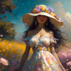 Woman in floral dress and hat surrounded by golden and pink blooms