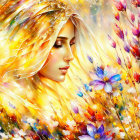 Colorful illustration: Woman with golden hair in radiant floral scene