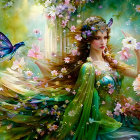 Ethereal woman in green gown with floral crown among swirling flowers