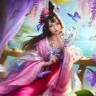 Fantasy illustration of woman with flower crown and bees in magical floral scene