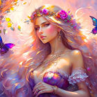 Ethereal woman with floral wreath, roses, and blue butterfly.