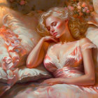 Tranquil illustration of woman on plush couch with soft pillows