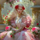 Pink-haired woman in rose dress surrounded by iridescent bubbles in dreamy forest