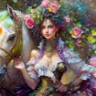 Woman in fantasy costume with flowers and white horse in vibrant floral backdrop