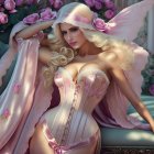 Ethereal woman with angel wings in pink corset among roses