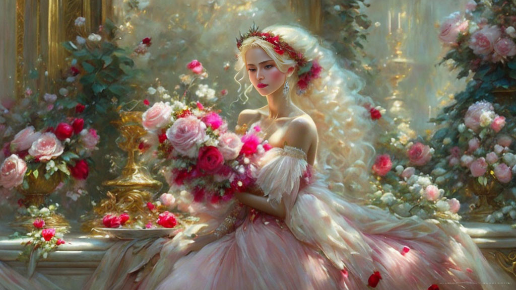 Woman in Pink Gown Surrounded by Blooming Roses