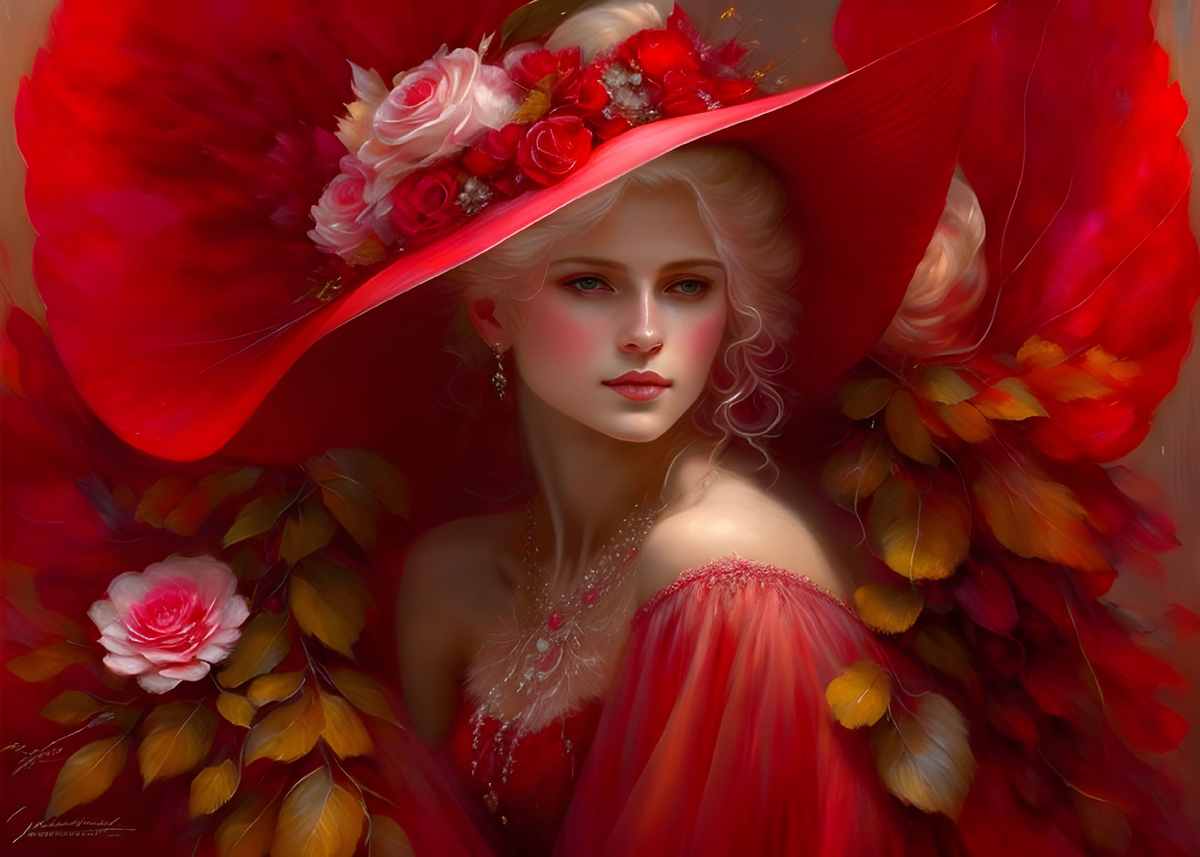 Digital artwork of woman with pale skin and blonde hair in red hat and gown