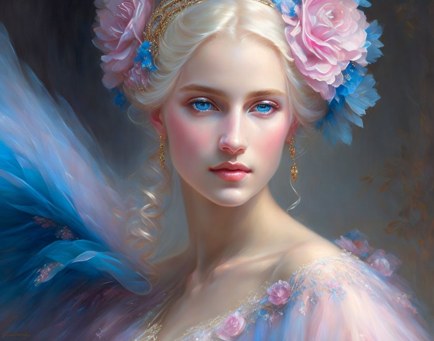 Portrait of Woman: Ethereal Beauty, Pale Skin, Blue Eyes, Floral Headpiece, Blue Dress